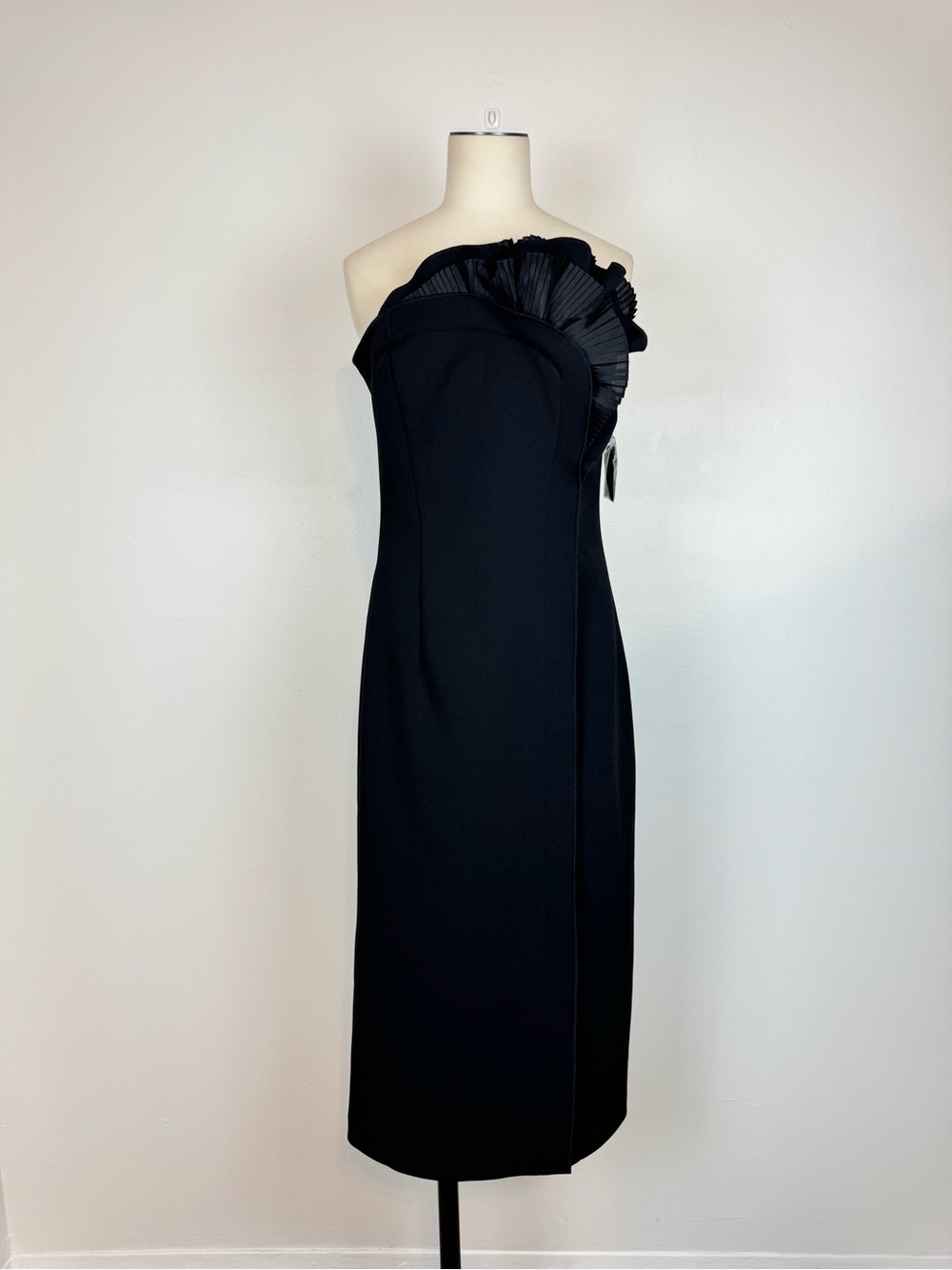 Vince Camuto Formal Solid Black Midi Dress with Ruffle Accent Medium